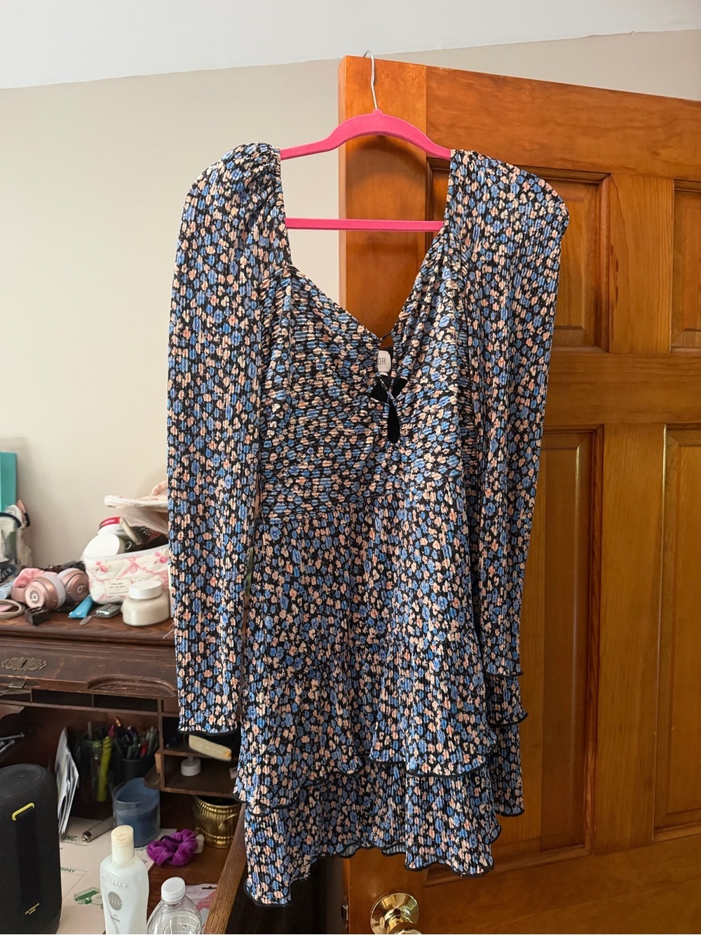 SAYLOR Black Floral Dress with Blue and Pink Accents